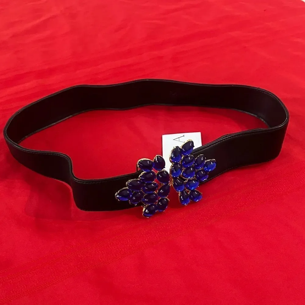 NWT RAINA BLK WISTERIA Elegant Black Belt with Blue Gemstone Accent